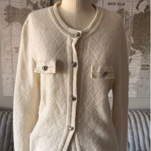 Cream Diamond Knit Cardigan Sweater Heart Buttons Women's size M